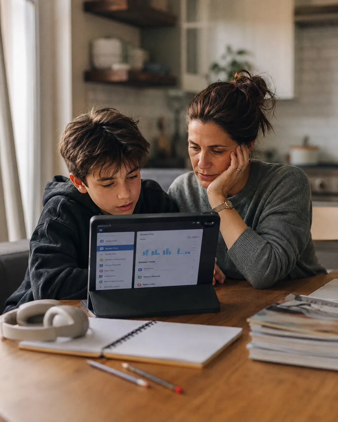 A mom sits beside her teenage son as he works on a tablet at the kitchen table