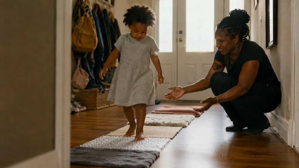 A toddler walks down a hallway toward the front door, coats hanging on hooks above