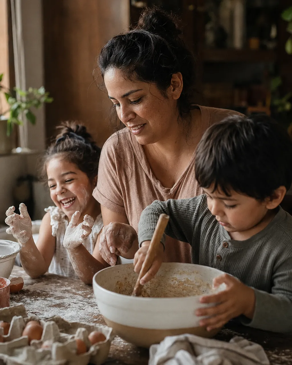 A mom and two kids laugh over a bowl of flour while baking in the kitchen