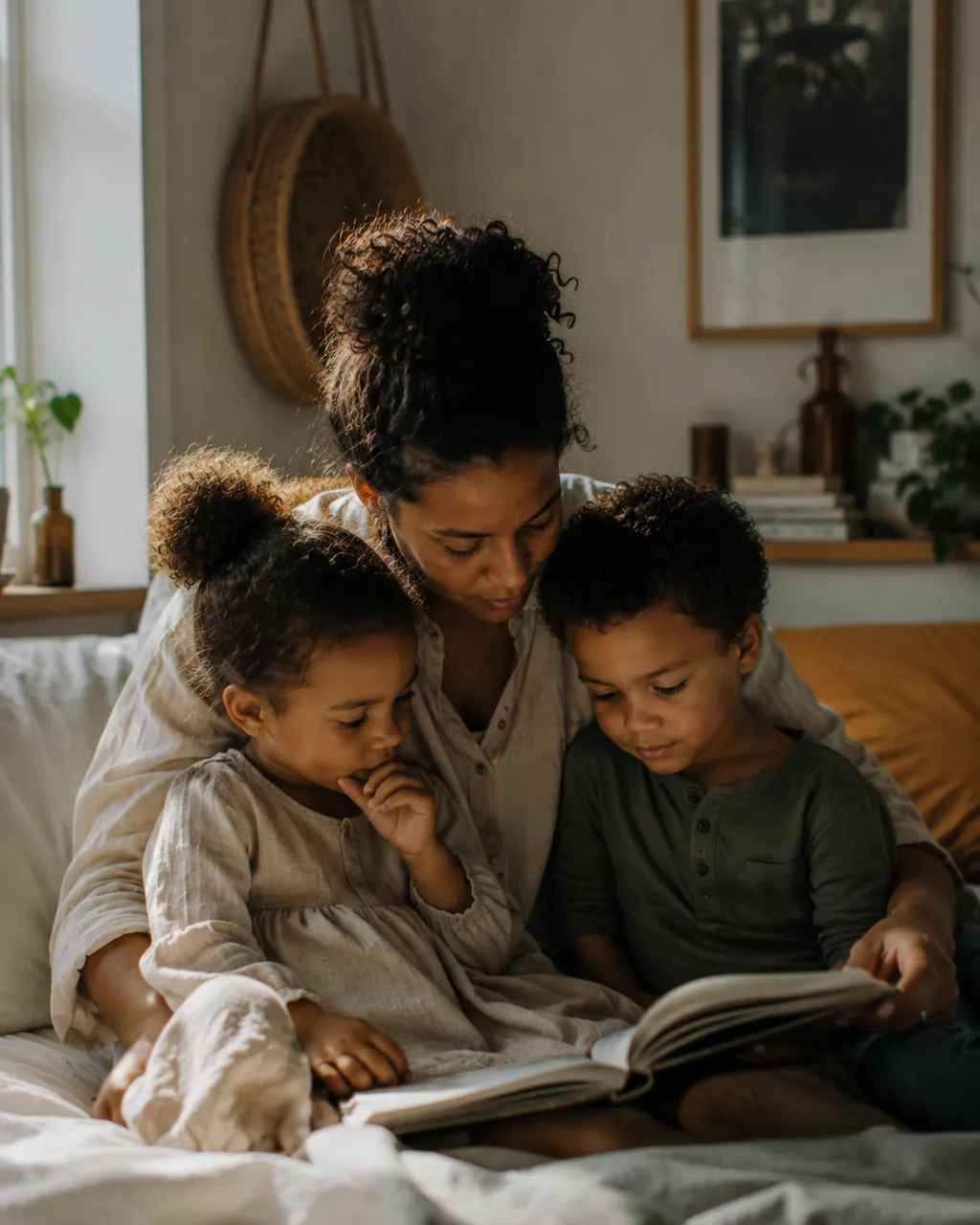 A mom reads a picture book to two kids snuggled beside her in bed
