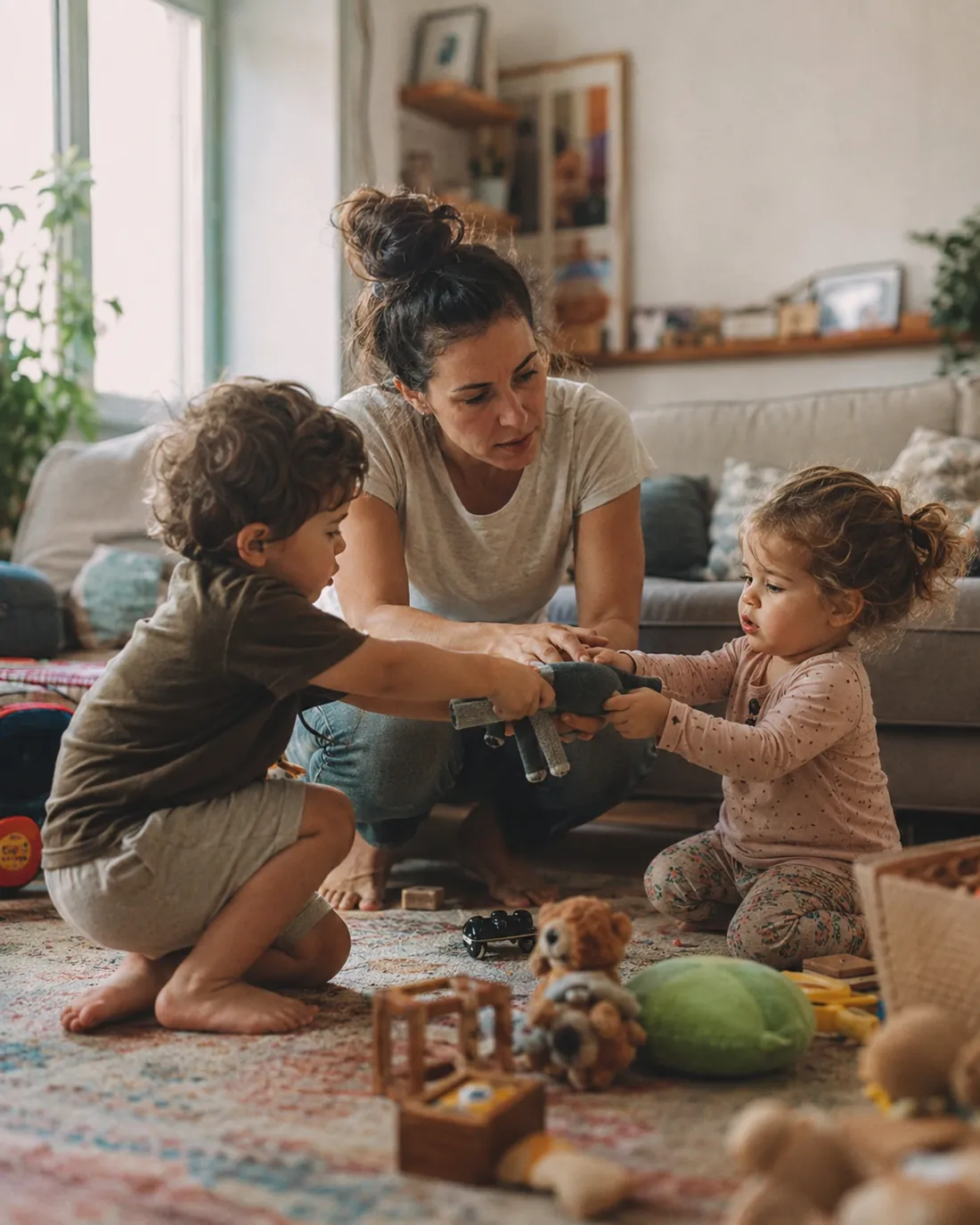 A mom sits on the floor between two toddlers, helping them take turns with a toy car