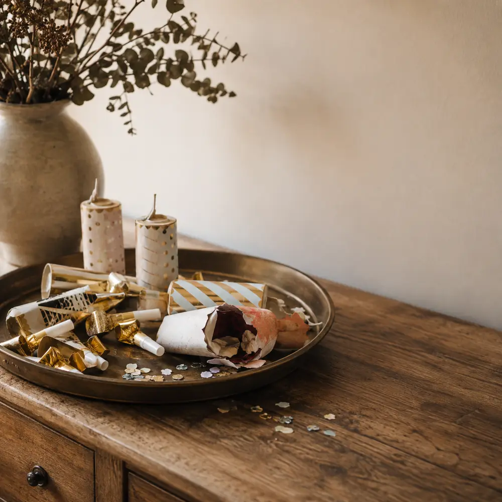 A tray on a wooden sideboard with spent confetti poppers and candles