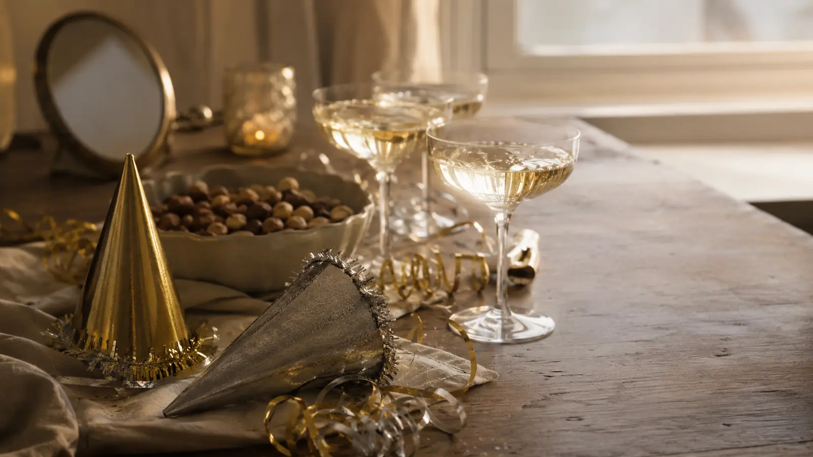 A wooden table after a small celebration with gold party hats, glasses, a small clock and a bowl of nuts in soft window light