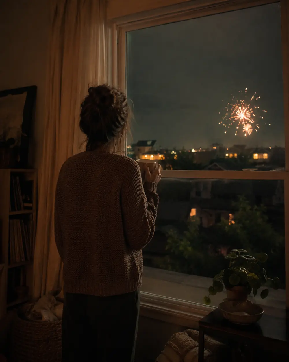 A person standing at a dark window watching fireworks over a city at night