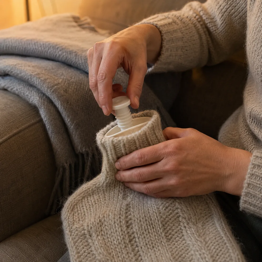 Hands press the stopper into a knitted-cover hot water bottle on a sofa beside a folded gray blanket in lamp light