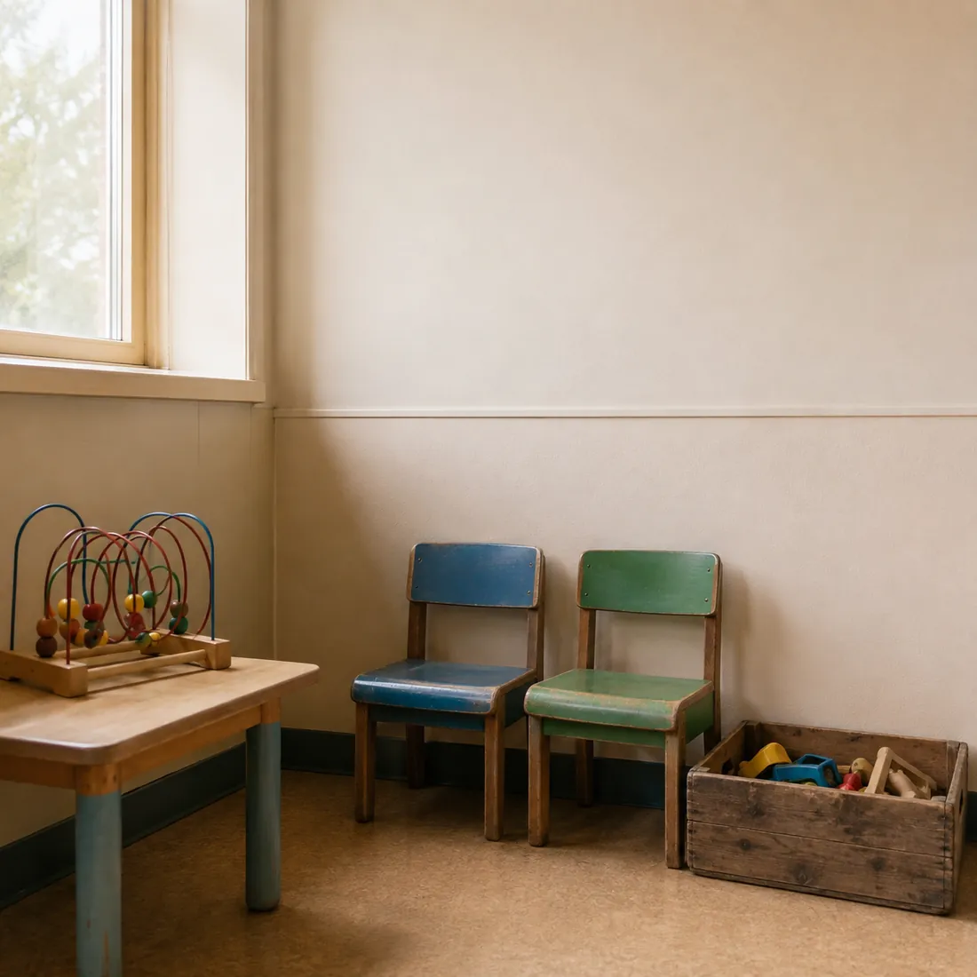 Two small wooden chairs, a low table with a bead maze and a crate of worn toys in a sunlit corner of a waiting room