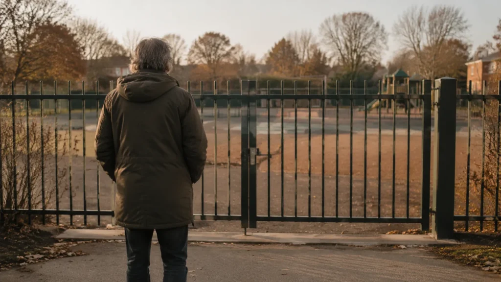 A person in an olive hooded coat stands at a closed green metal gate facing an empty playground in low autumn light