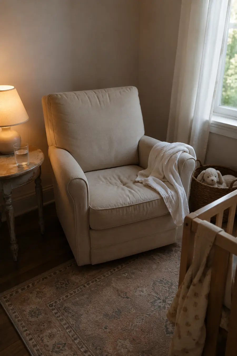 A quiet nursery corner with a cream rocking chair, a lamp and a cot ready for a baby