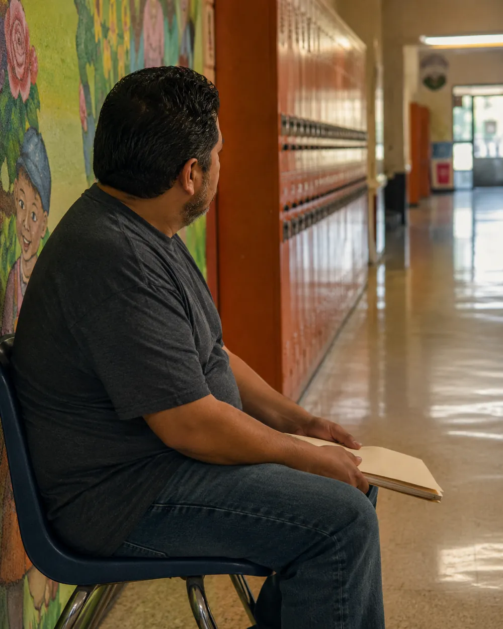 A father sits sideways on a small blue school chair in a hallway of orange lockers, a folder on his knee