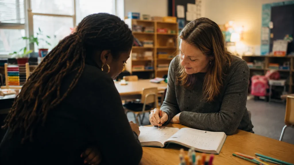 A mother and a teacher at a low classroom table, the teacher writing in an open workbook between them