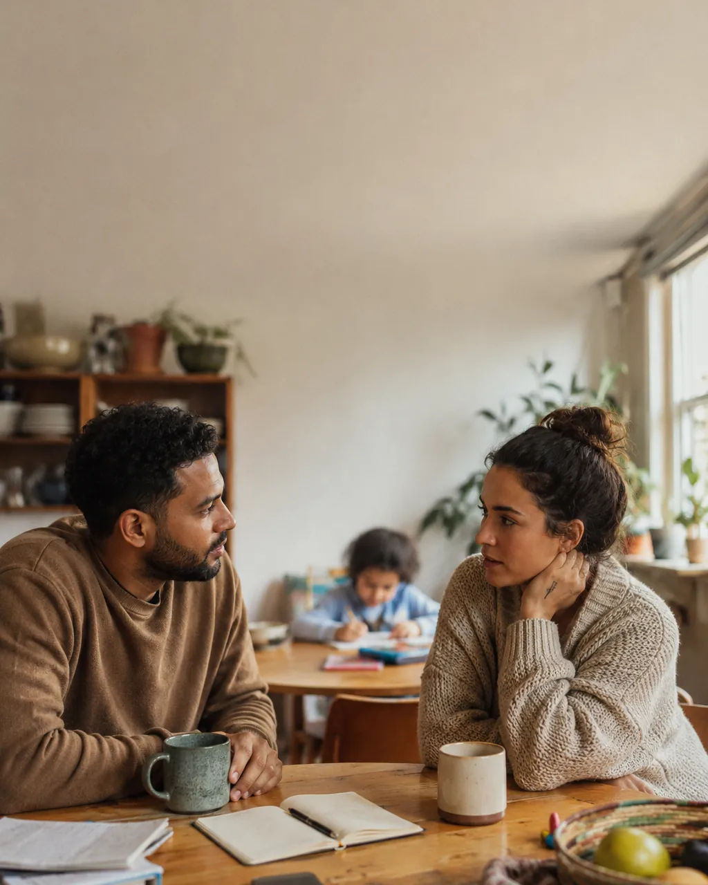 Two parents talk seriously at the kitchen table while their child draws in the background