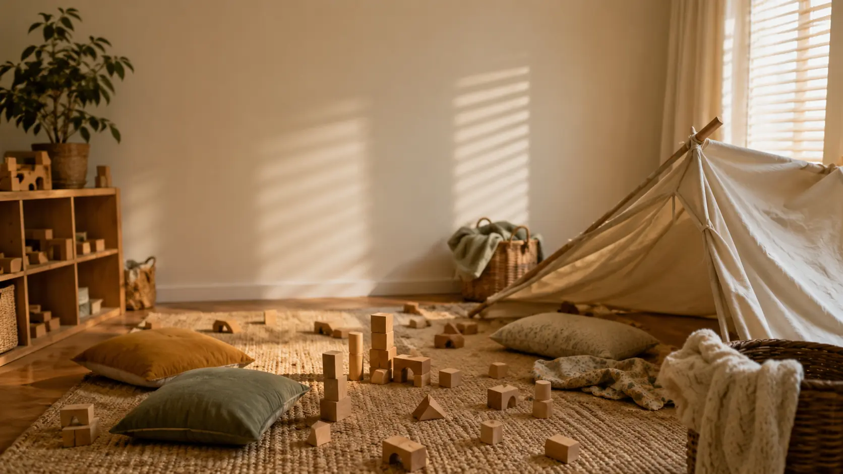 A sunlit playroom floor covered in wooden building bricks, cushions and a play tent