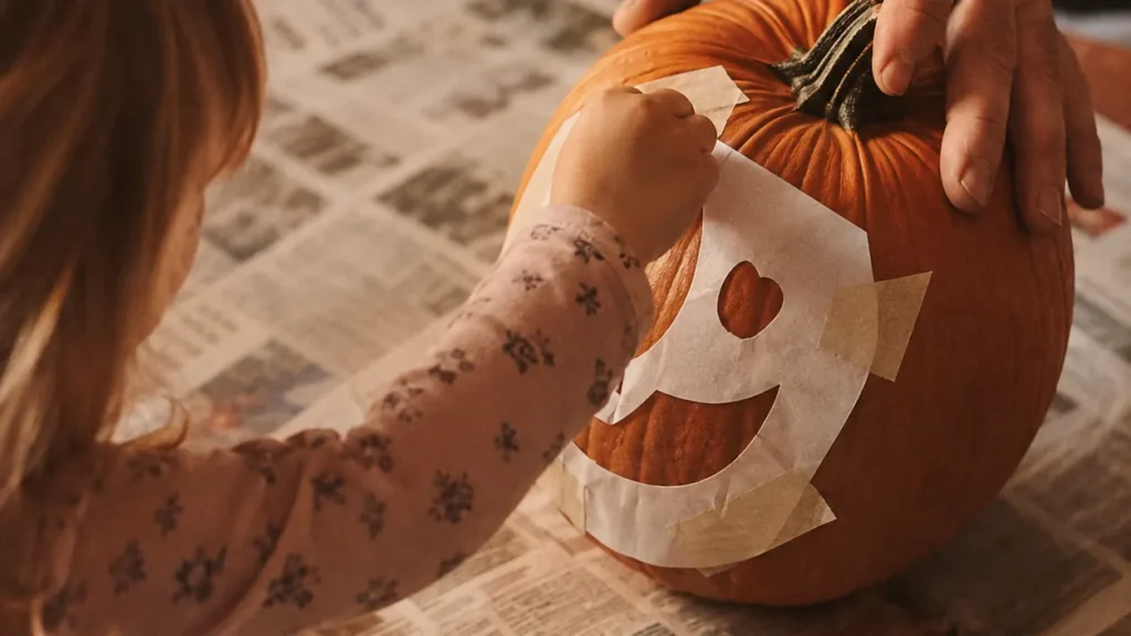 A toddler presses a taped paper face stencil onto a pumpkin while an adult hand holds it steady on a newspaper-covered table