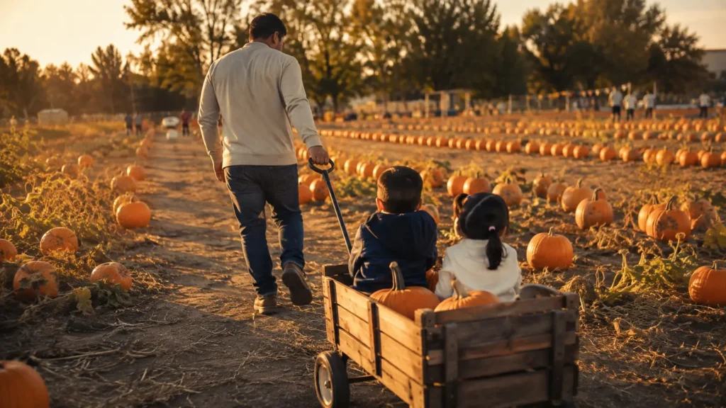 A dad pulls two small children in a wooden wagon down a dirt path through a pumpkin field at golden hour