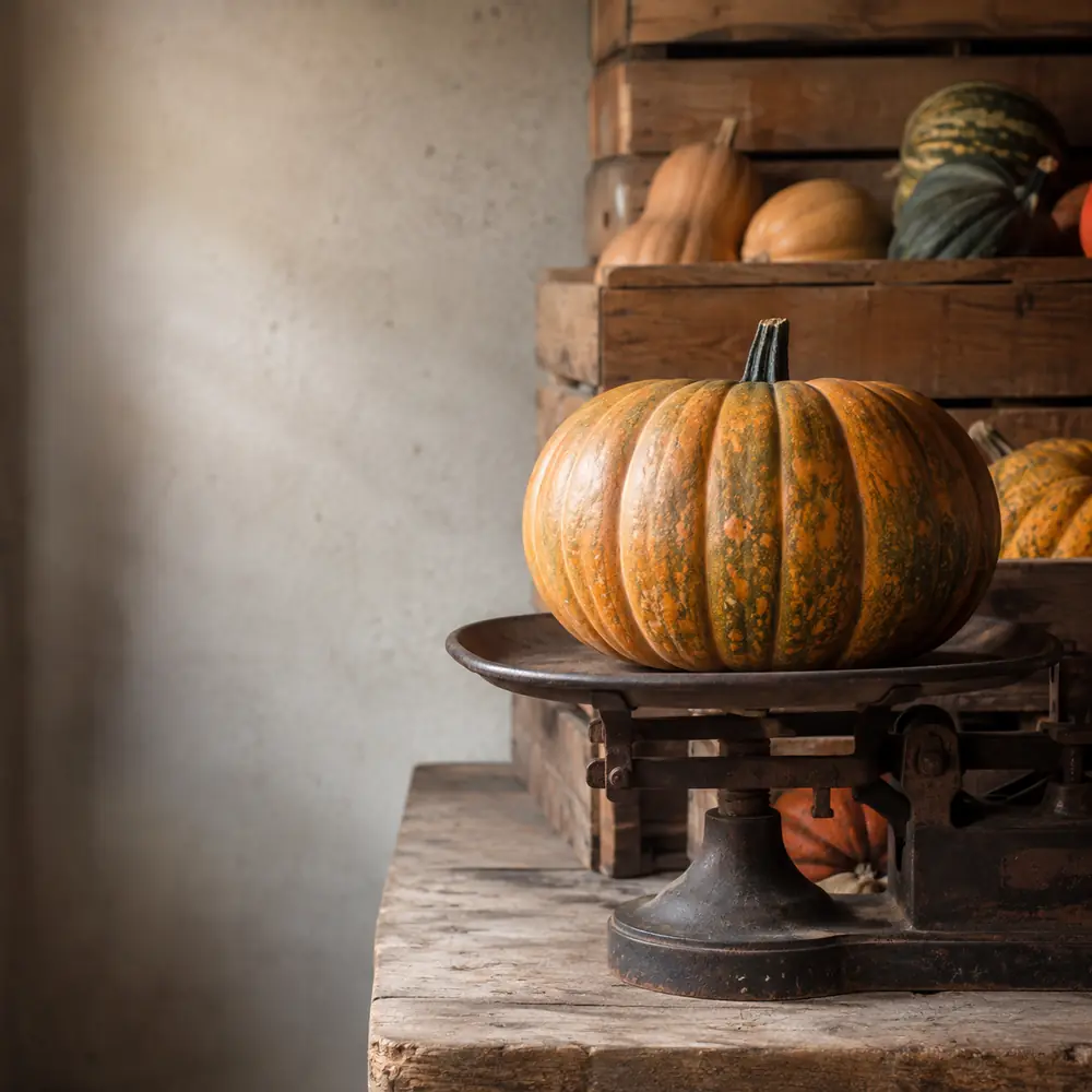 A large orange pumpkin sitting on an old cast-iron scale at a farm stand