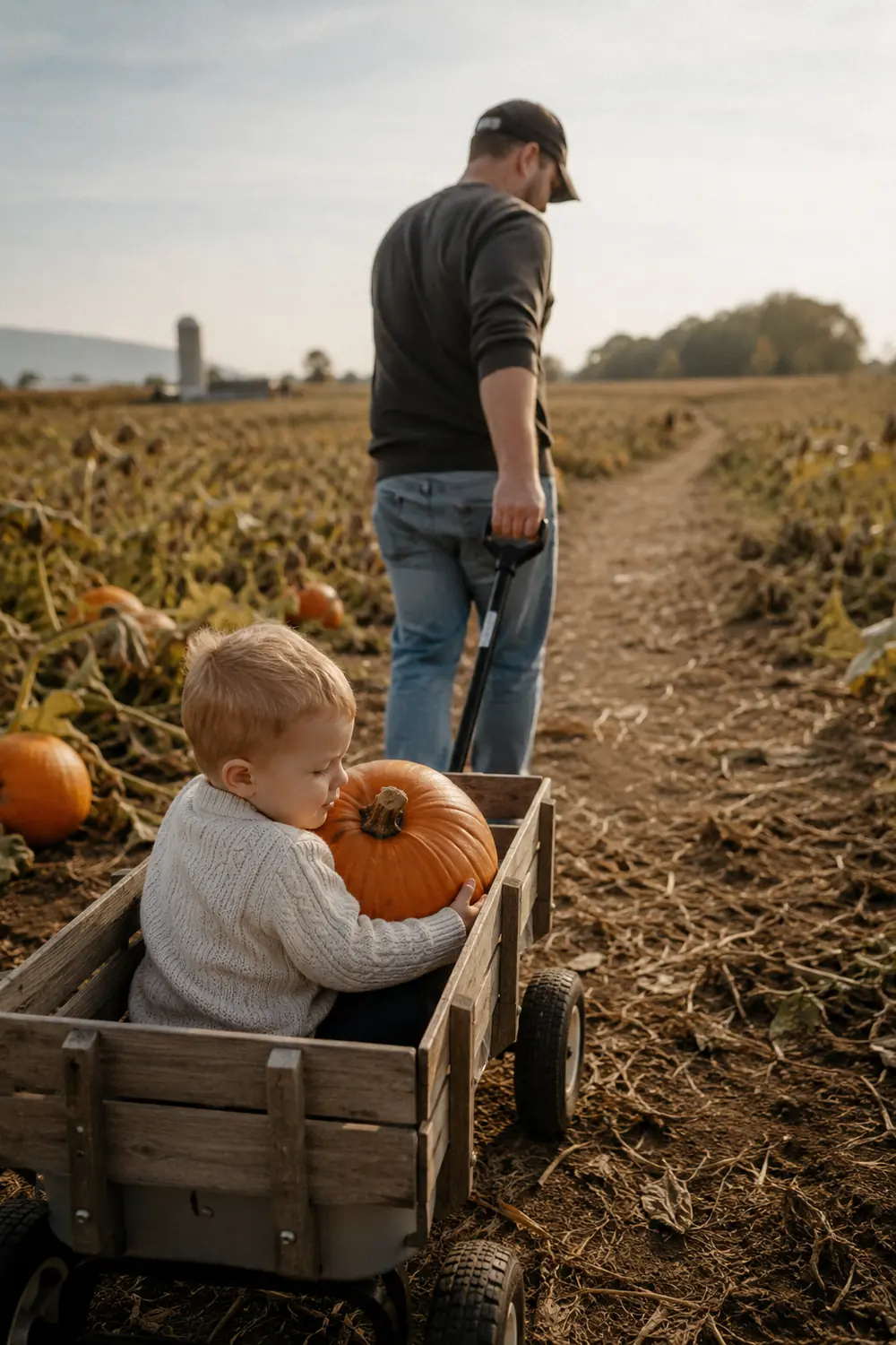 A toddler sits in a wooden wagon hugging a small pumpkin while a dad walks beside the wagon in a pumpkin field
