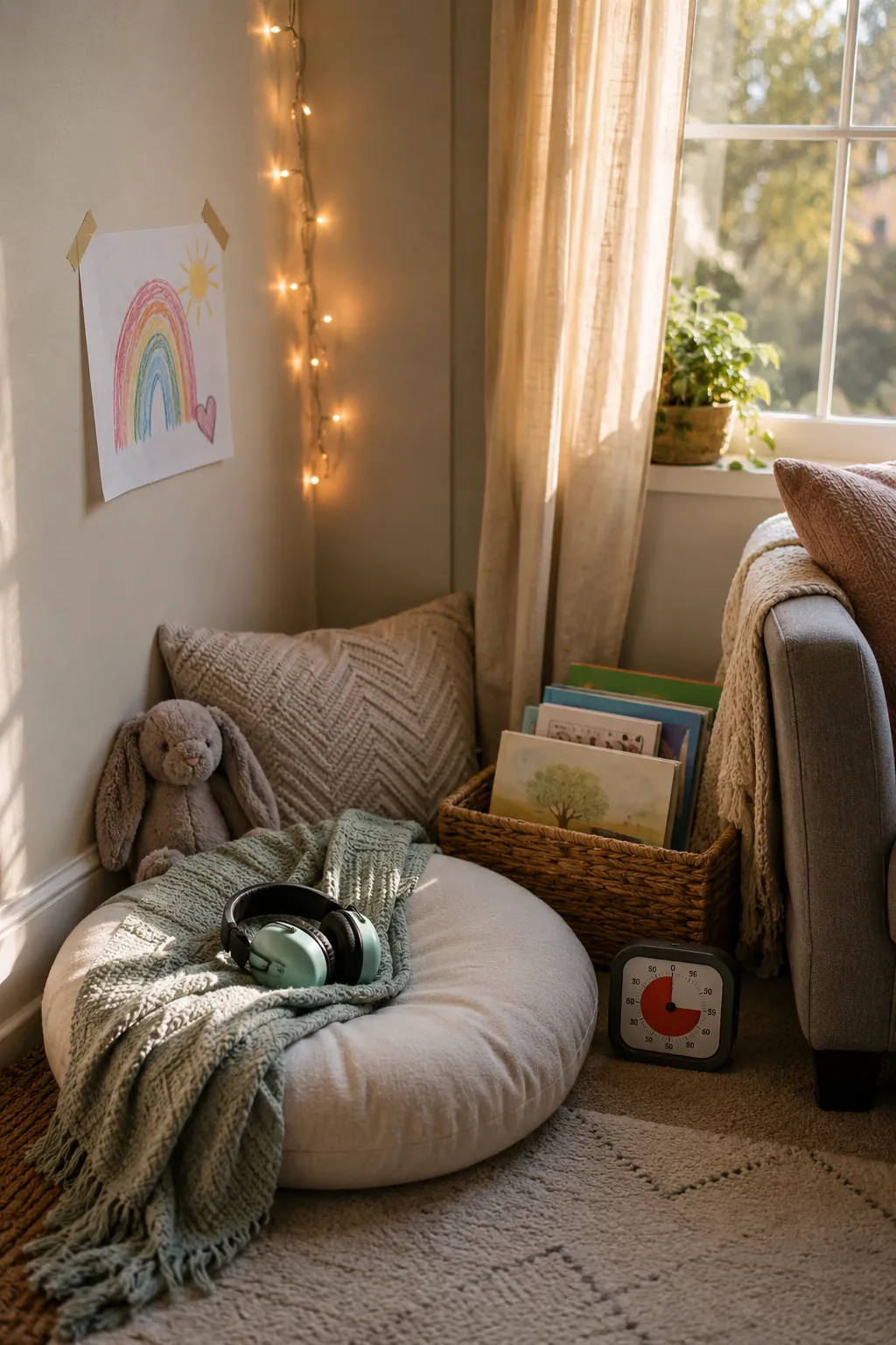A cozy reading corner with a floor cushion, books, headphones and fairy lights
