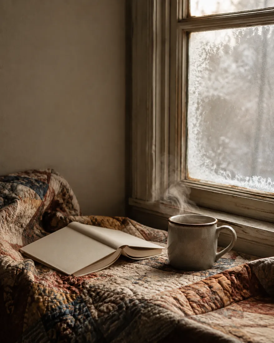 Patchwork quilt on a window seat with an open blank-page book and a steaming mug, frost at the corners of the glass