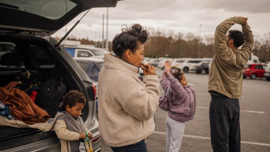 A family stretches and eats a snack at a highway rest stop, trunk open with blankets and bags, on a road trip with a toddler