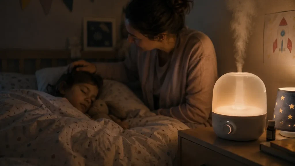 A cool mist humidifier glowing on a nightstand while a mother checks on her sleeping toddler