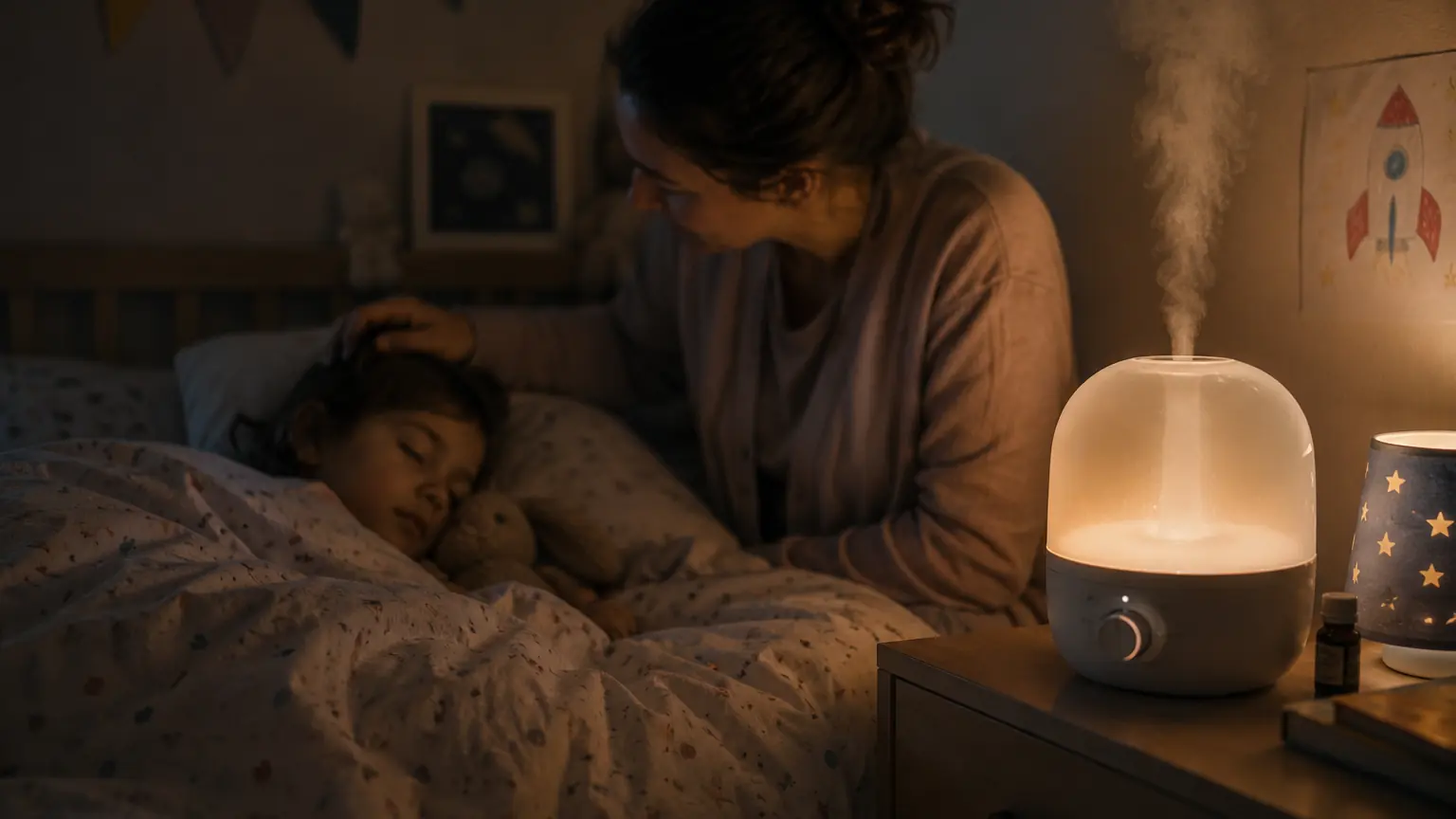 A cool-mist humidifier glowing on a nightstand while a mother checks on her sleeping toddler