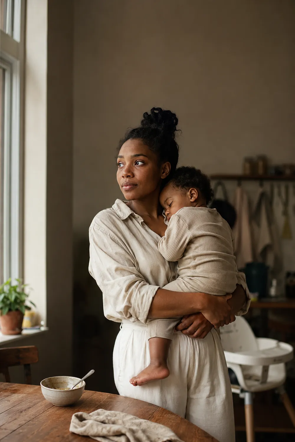 A toddler sleeps against their mother's shoulder while she stands by a kitchen window looking tired