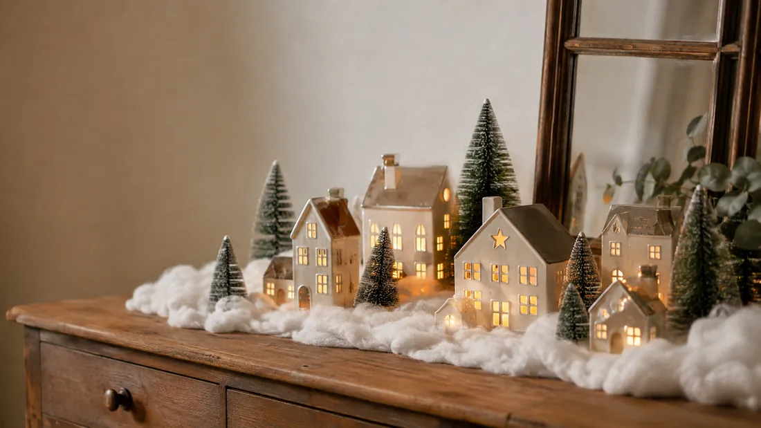 A miniature village of lit ceramic houses and small trees on fluffy white fake snow along a wooden sideboard