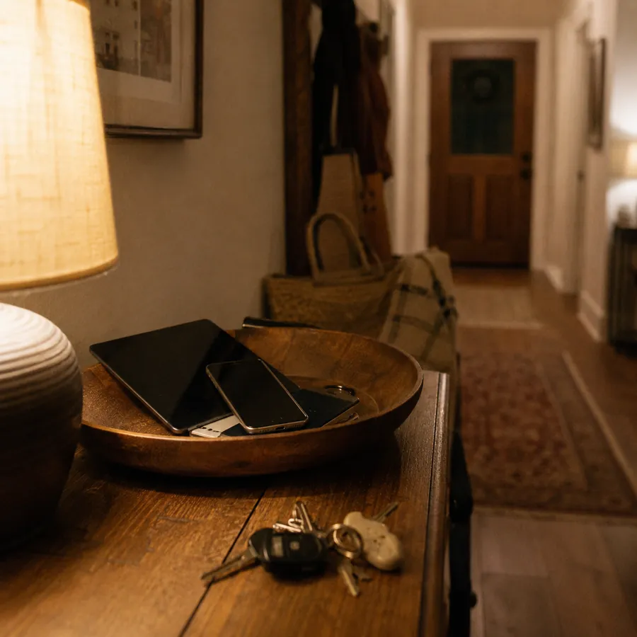A wooden bowl on a hall table holds a tablet and two phones beside a set of keys in warm evening light