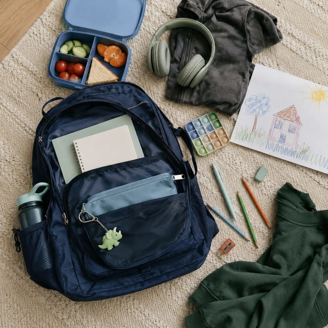A packed navy school backpack laid out with headphones, a bento lunch and drawing supplies