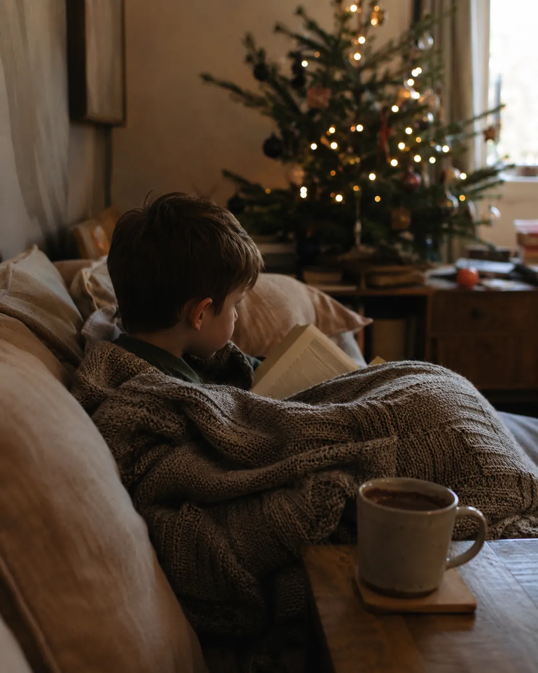 A child rests under a weighted blanket on the sofa beside a mug, a lit tree in the background