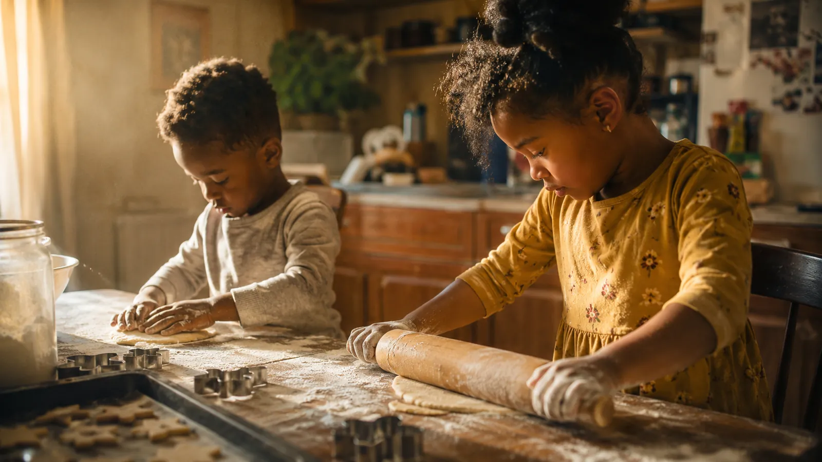 Two kids roll out playdough at a sunny kitchen counter