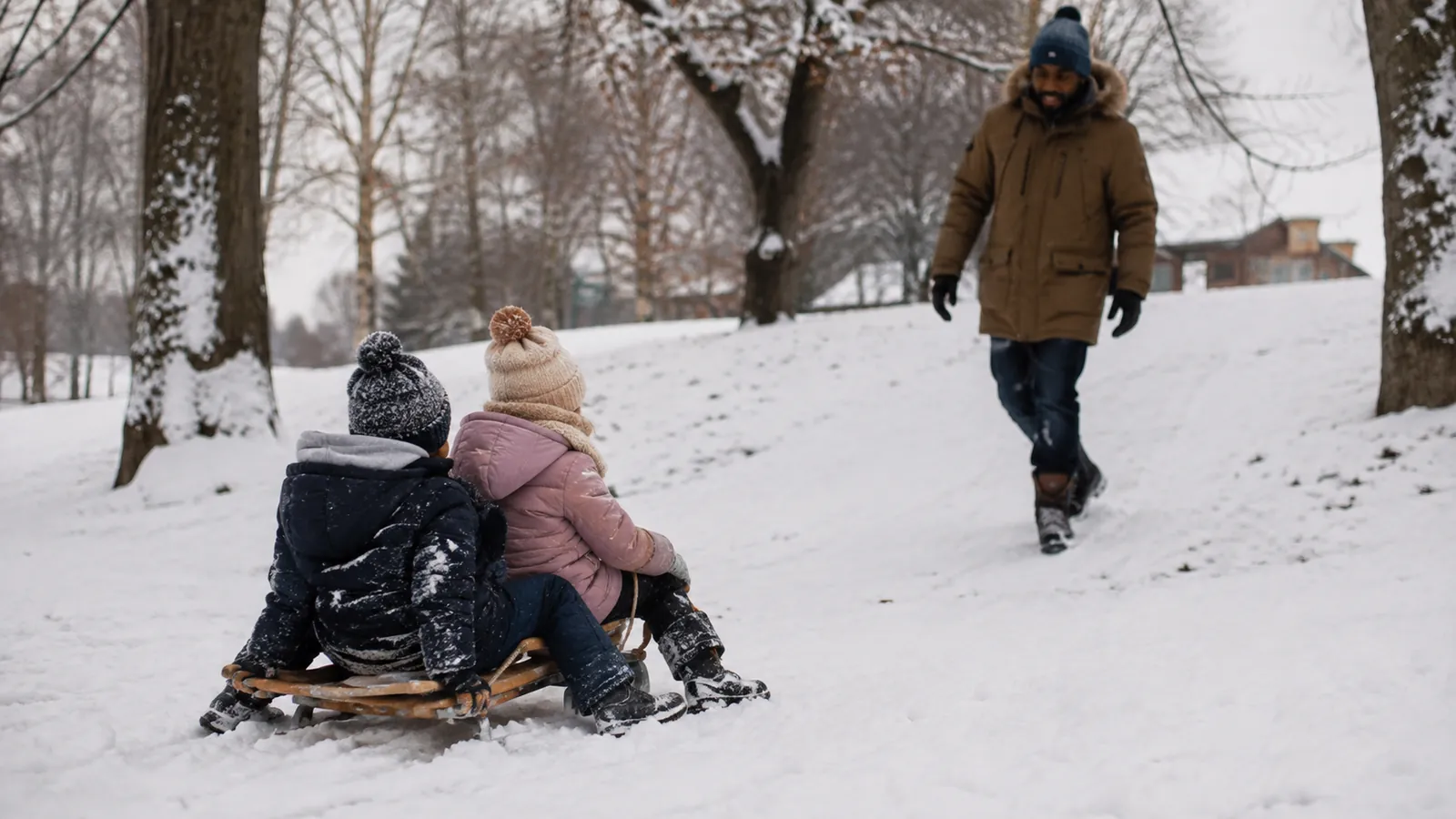 A dad walks down toward two young kids sitting on a wooden sled at the bottom of a snowy hill lined with trees