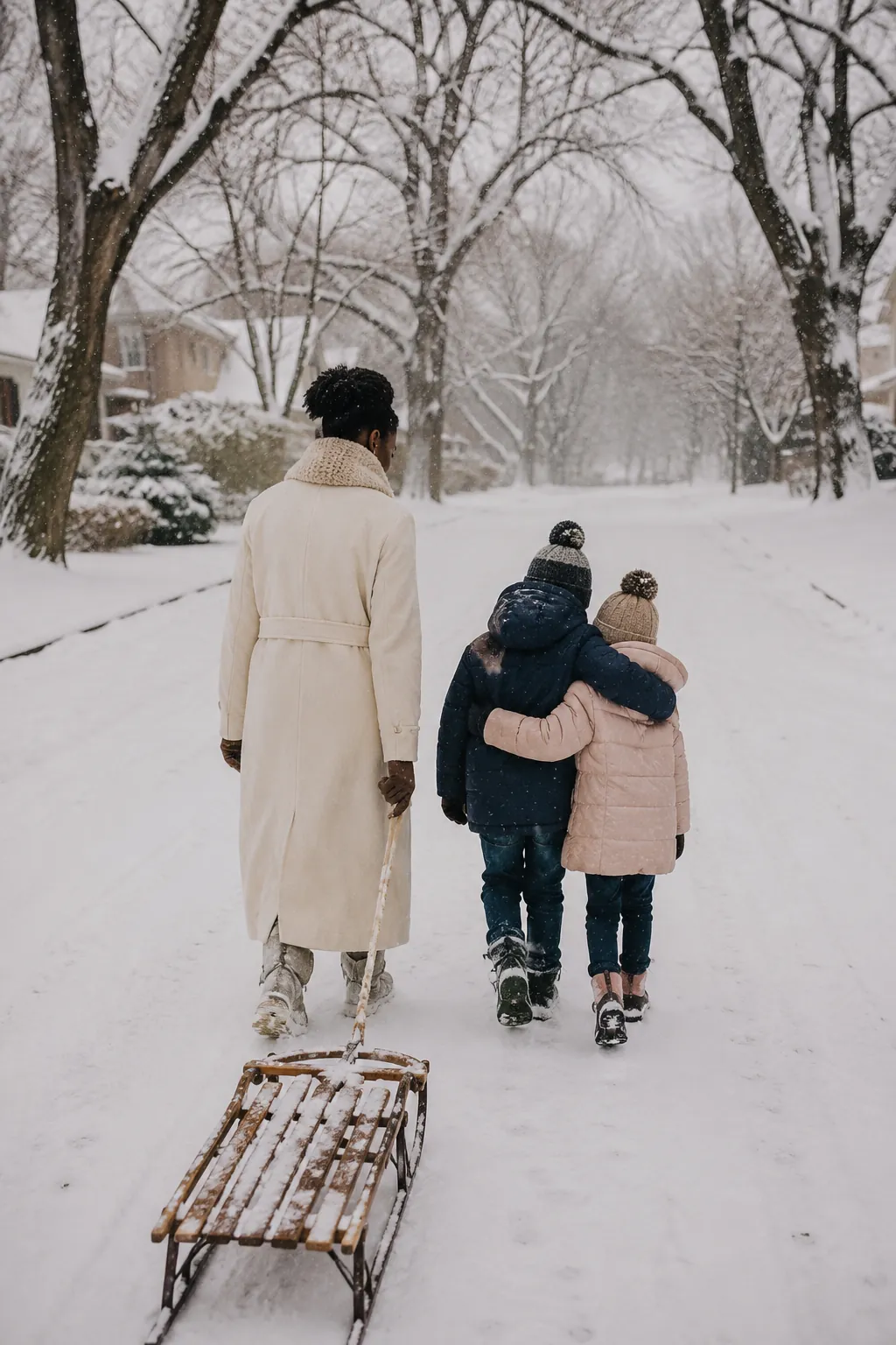 A mom pulls an empty wooden sled by its rope while two bundled kids walk arm in arm behind her down a snowy suburban street
