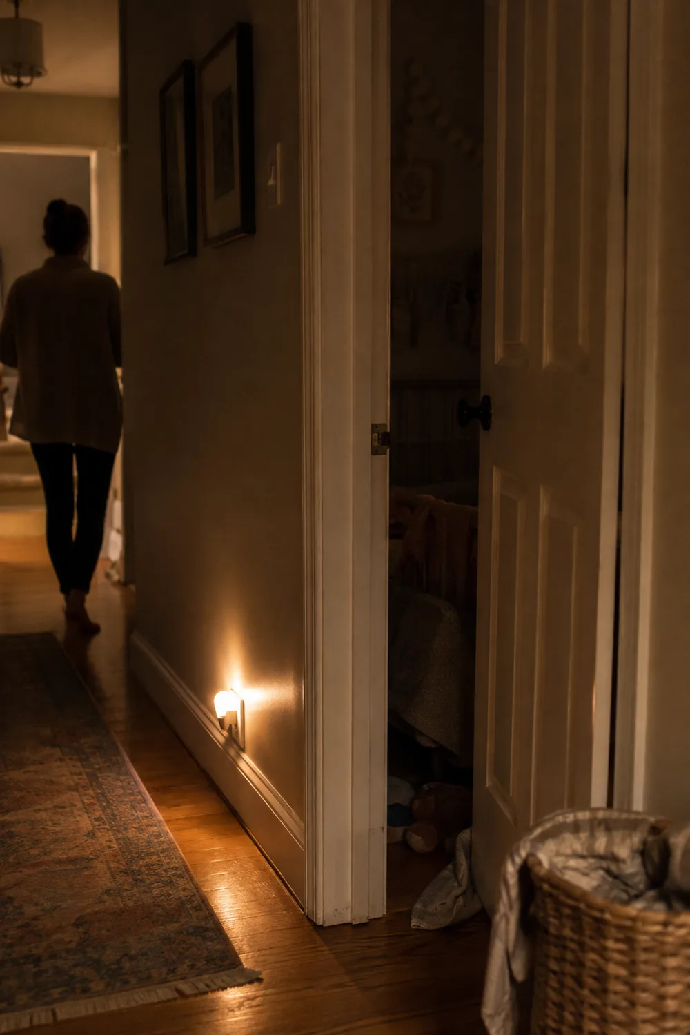 A dim hallway lit by a small night light after bedtime