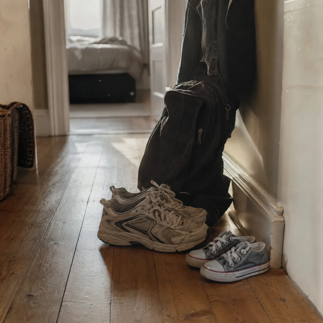 A pair of shoes left in a hallway by the front door