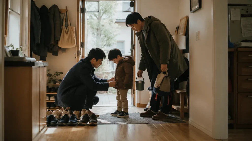 Parents and a toddler in a hallway by the front door with shoes lined up on the floor