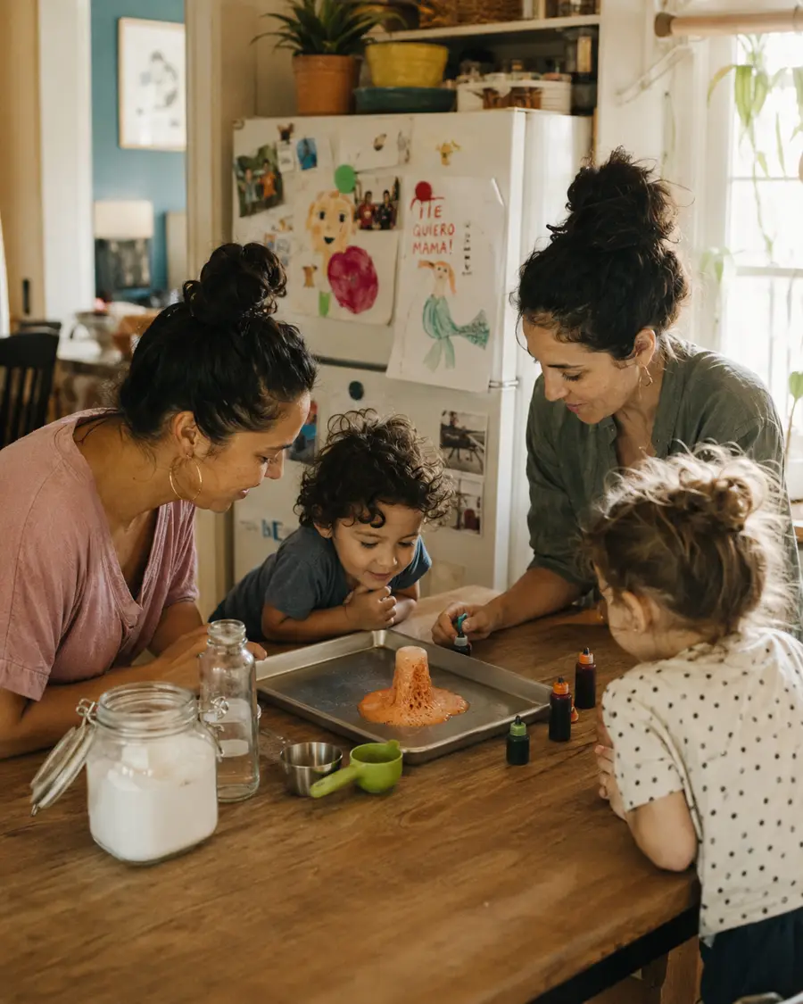 Two mothers watch their toddlers set off a baking soda experiment in a tray on the kitchen counter