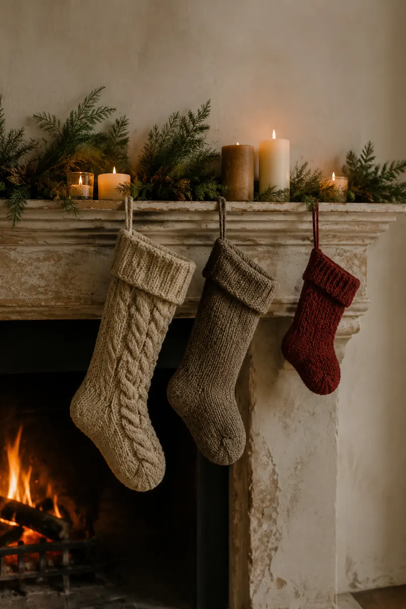 Three knitted stockings of different sizes hang from a mantel above a small fire, with greenery and candles