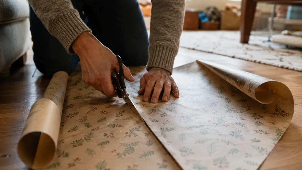Two adult hands cut a straight line through patterned wrapping paper unrolled on a wood living room floor