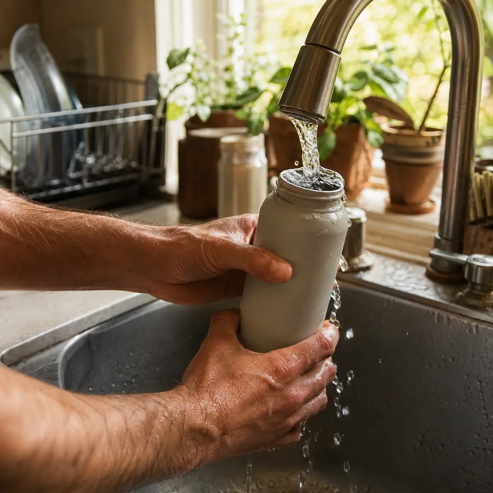 Hands filling a small reusable water bottle at a kitchen tap