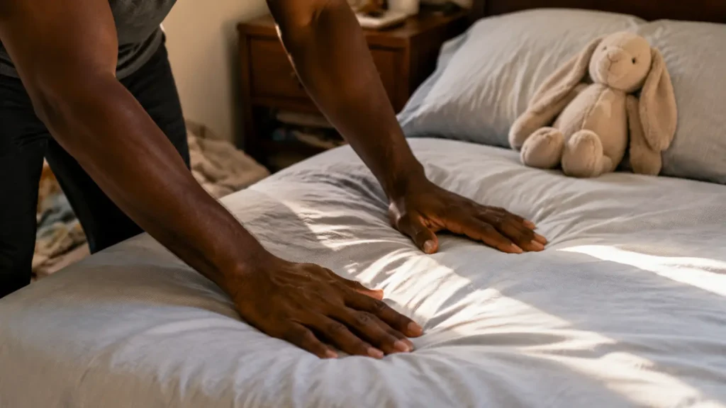 A parent's hands smoothing a fresh white sheet on a toddler bed with a plush bunny on the pillow