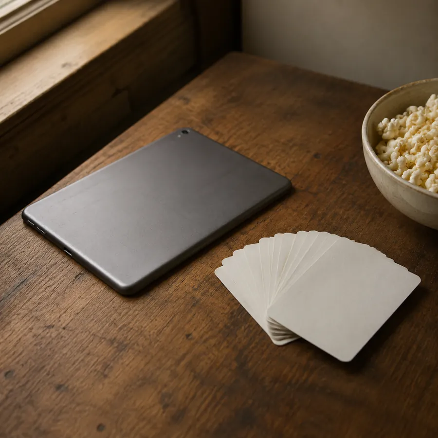 A tablet lies face down on a wooden table beside a fanned stack of blank cards and a bowl of popcorn