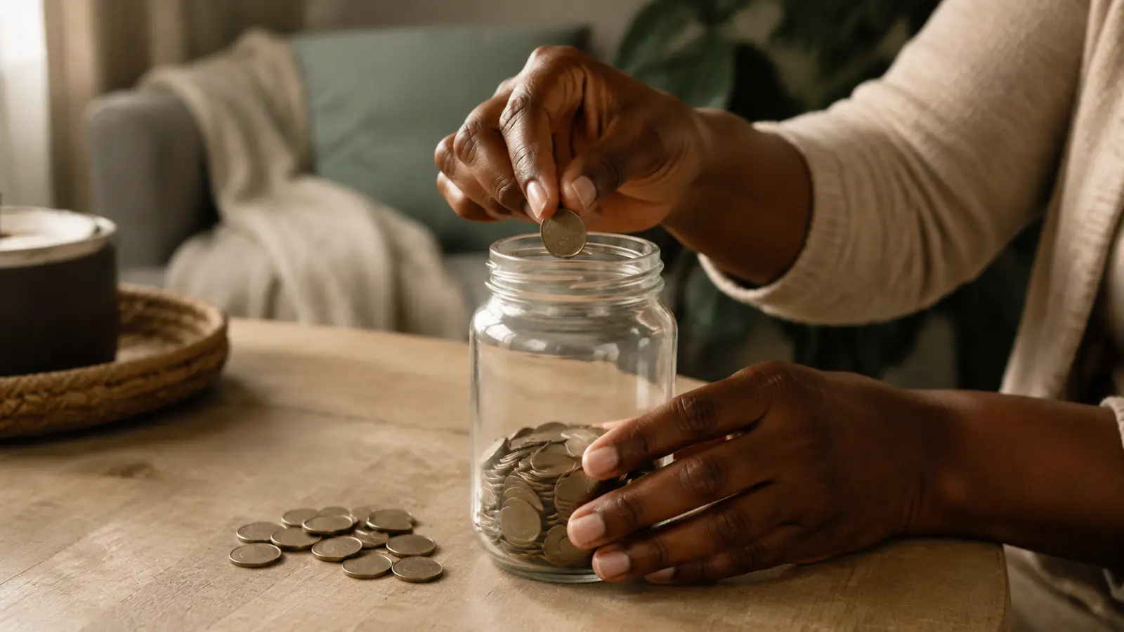 A child's hand dropping coins into a glass jar on a kitchen counter