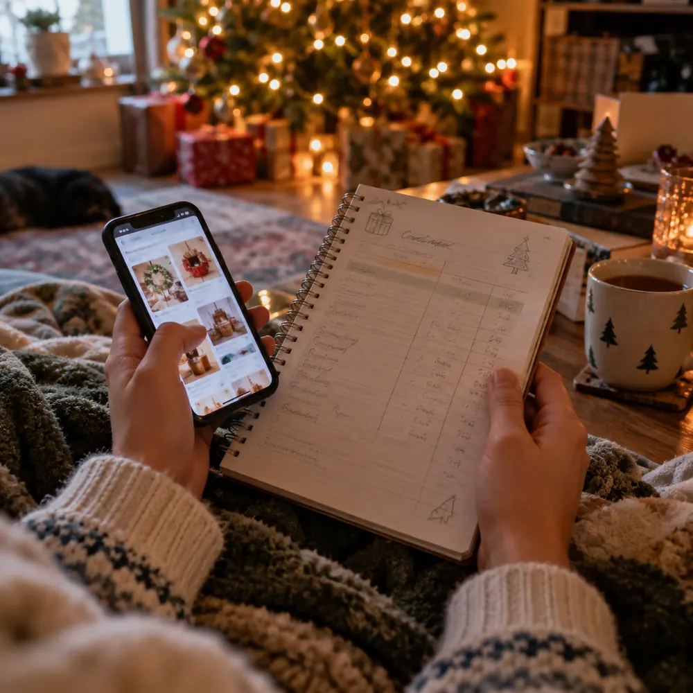 First-person view of a teen's hands holding a phone on a shopping page and a spiral notebook with a handwritten list