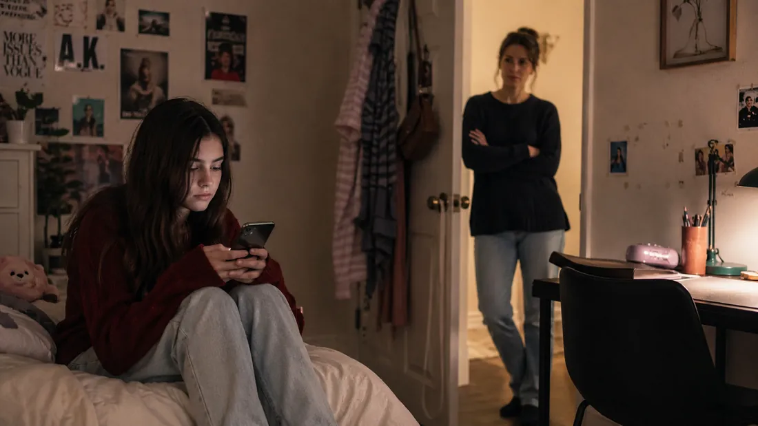 A teenage girl looks at her phone on her bed while her mom stands in the doorway
