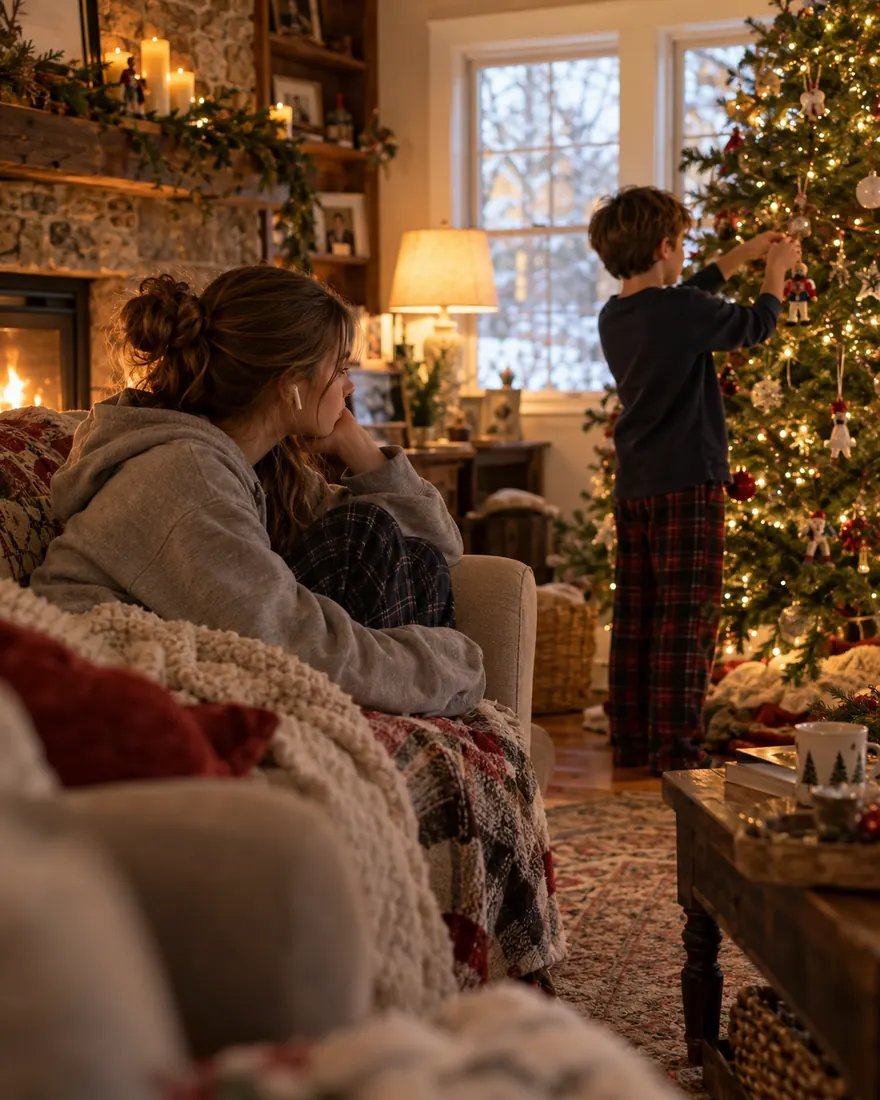 Teen girl in a gray hoodie with one earbud rests her chin on her hand on a couch, watching a boy hang ornaments on a tree