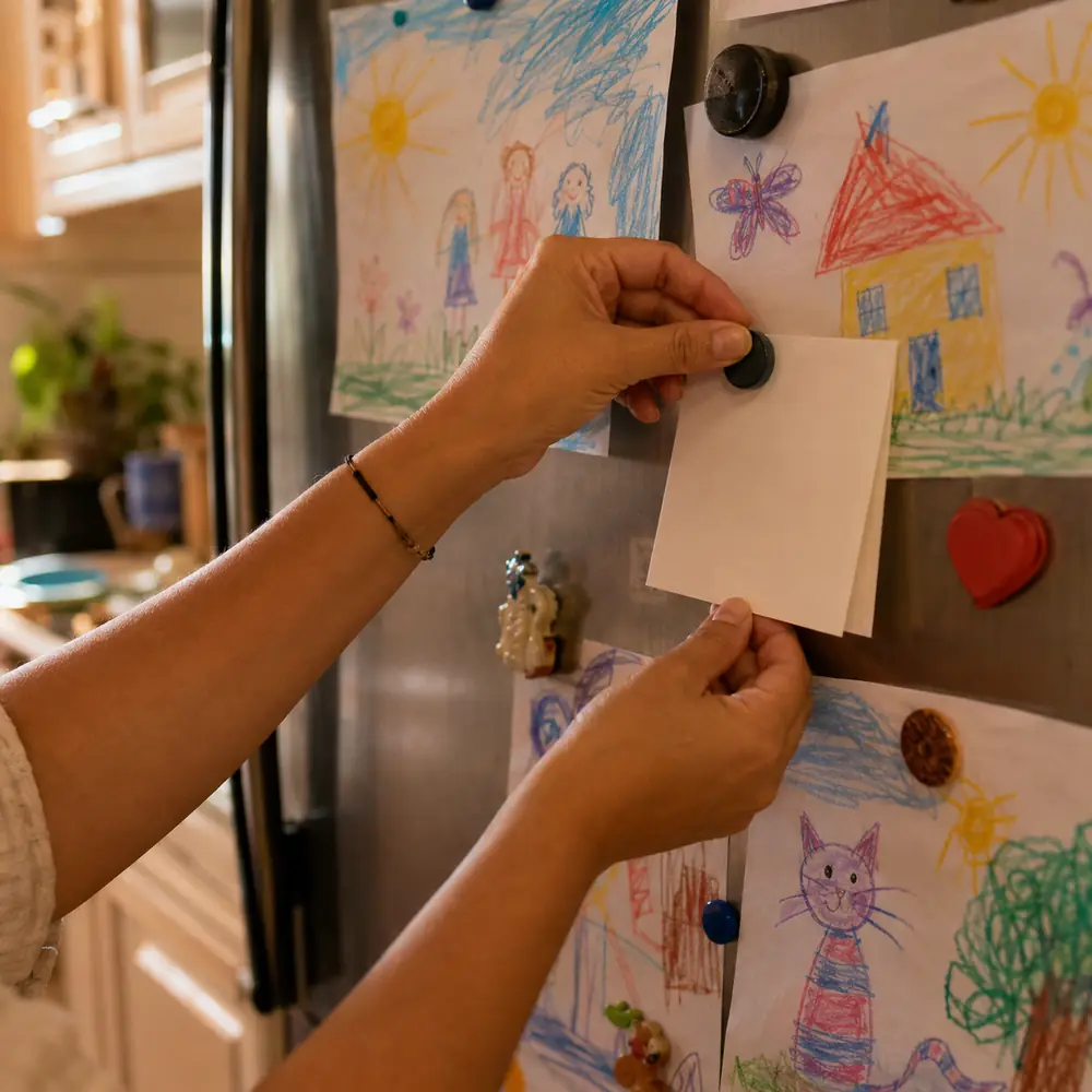 A hand pinning a small handwritten note with a magnet among children's drawings on a fridge