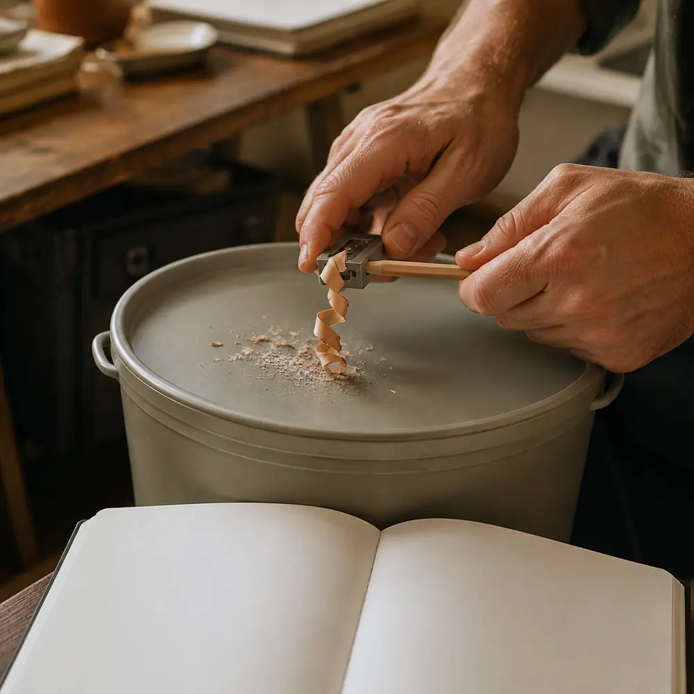 Hands sharpening a pencil over a bin next to an open blank notebook