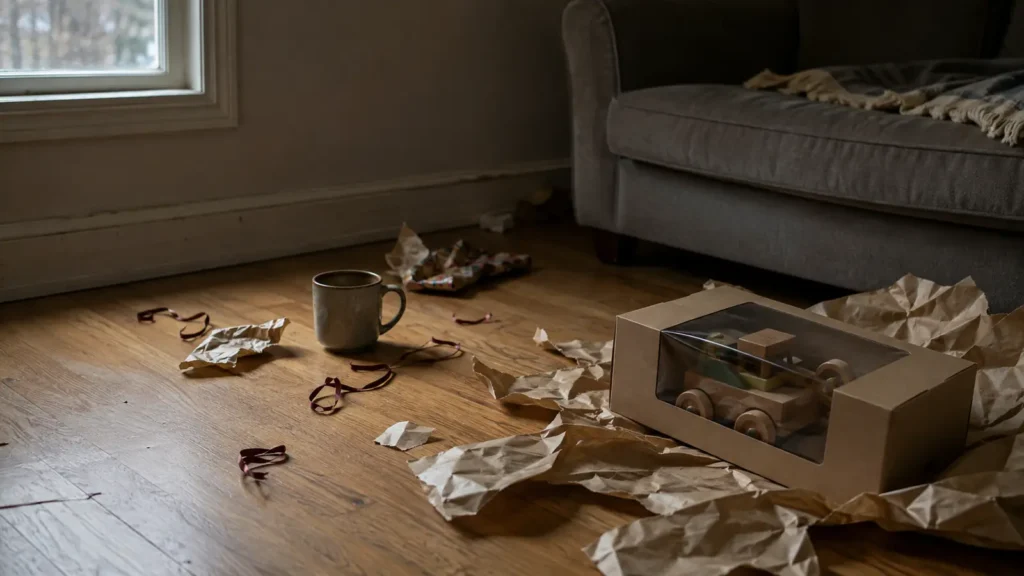 A living room floor on Christmas morning covered in torn wrapping paper, an opened box and a mug, with a sofa behind