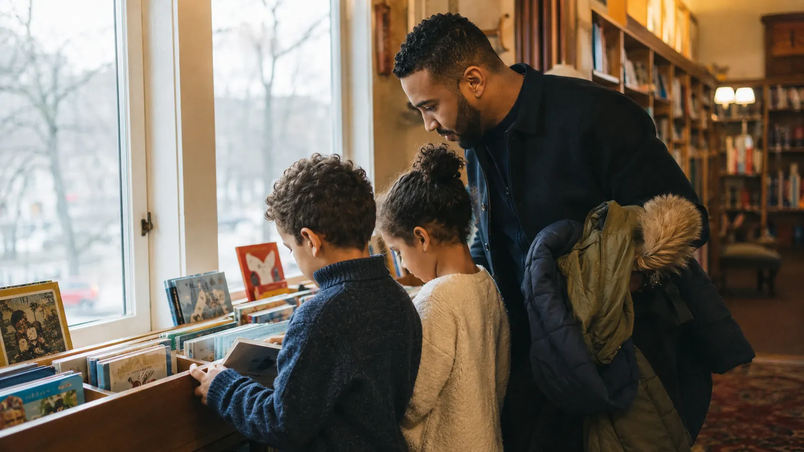 A father holding two coats while a boy and a girl look through picture books in a low library display by tall windows